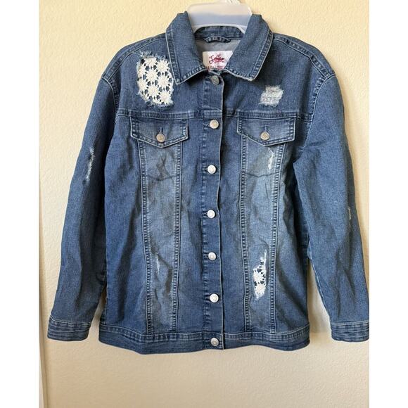 Justice Medium Wash Collared Button Up Distressed Denim Jacket Size 14/16 - Picture 1 of 4